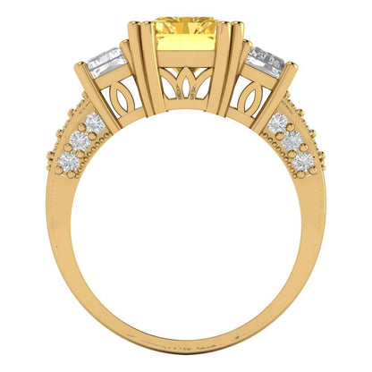 4.27 cttw Zirconia Simulated Yellow Diamond Three-Stone Engagement Ring - Solid Gold (VVS1, Emerald Cut,9x7mm)