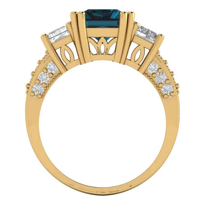 4.27 cttw Natural London Blue Topaz Three-Stone Engagement Ring - Solid Gold (Emerald Cut,9x7mm)