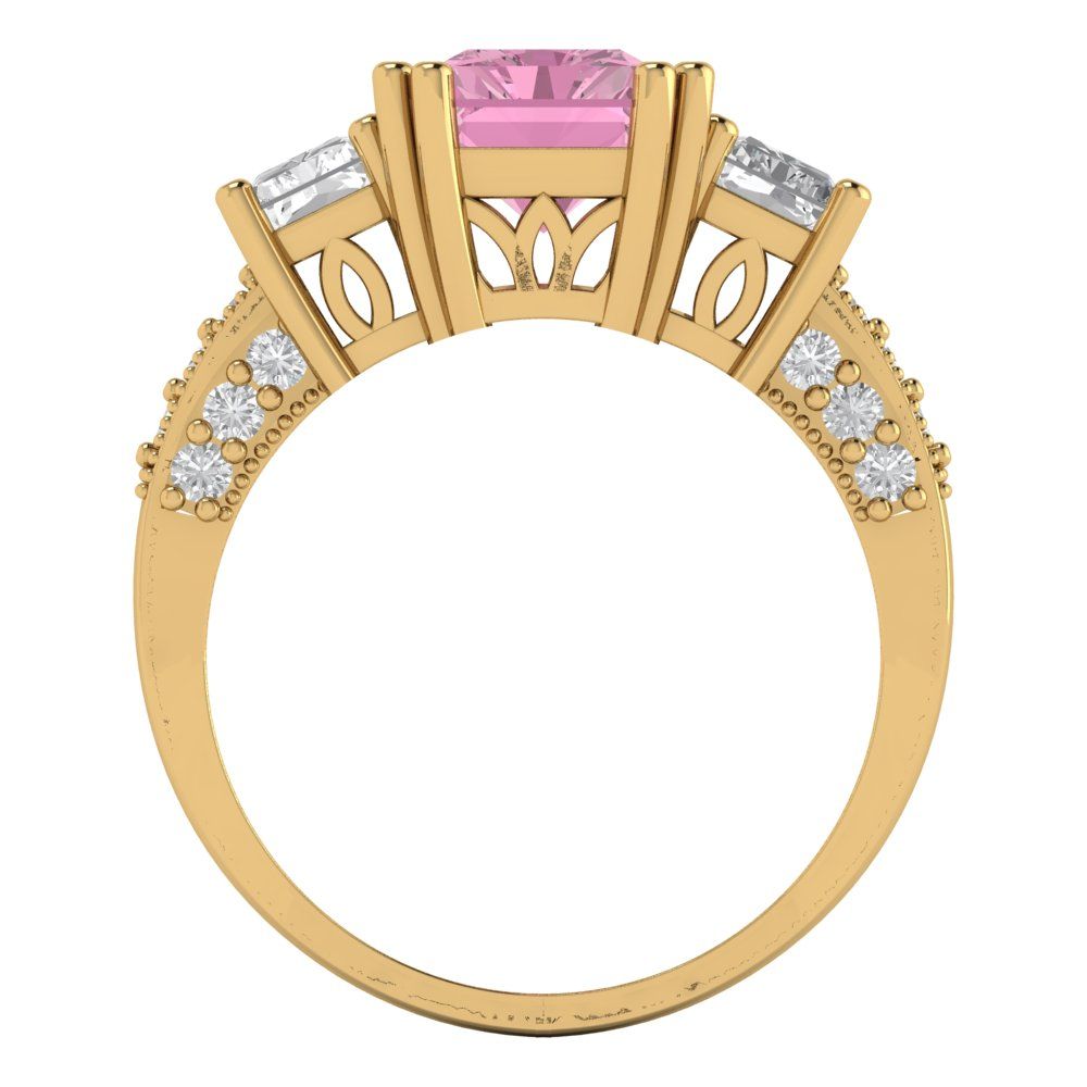 4.27 cttw Zirconia Simulated Pink Diamond Three-Stone Engagement Ring - Solid Gold (VVS1, Emerald Cut,9x7mm)
