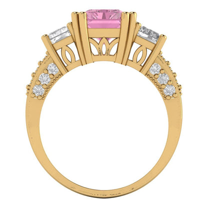 4.27 cttw Zirconia Simulated Pink Diamond Three-Stone Engagement Ring - Solid Gold (VVS1, Emerald Cut,9x7mm)