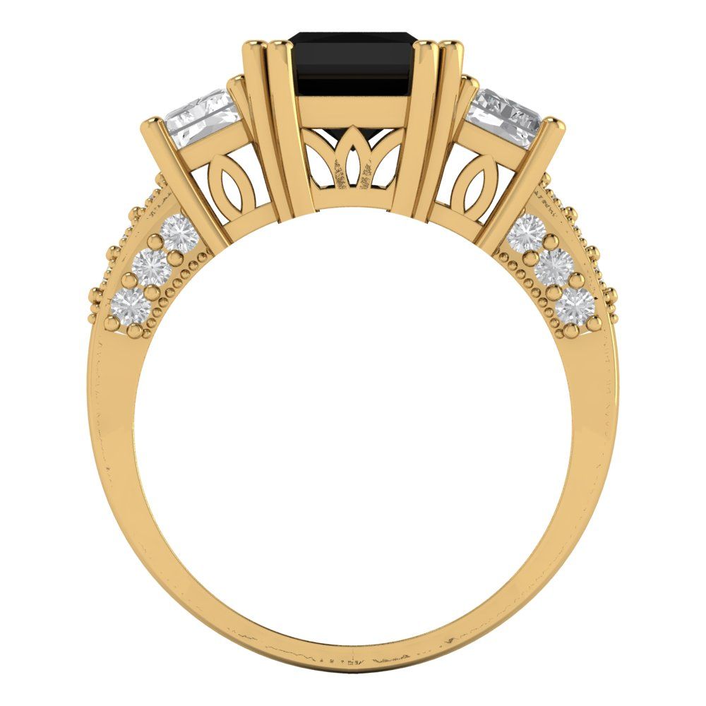 4.27 cttw Natural Onyx Three-Stone Engagement Ring - Solid Gold (Emerald Cut,9x7mm)