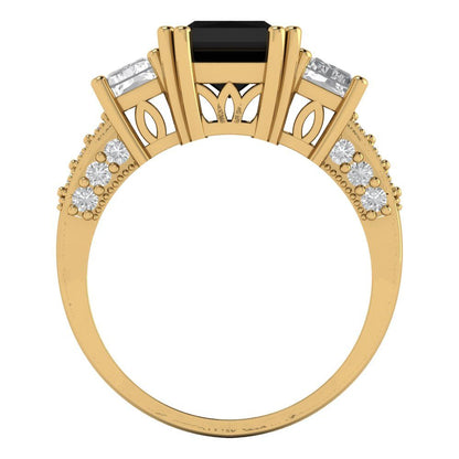 4.27 cttw Natural Onyx Three-Stone Engagement Ring - Solid Gold (Emerald Cut,9x7mm)
