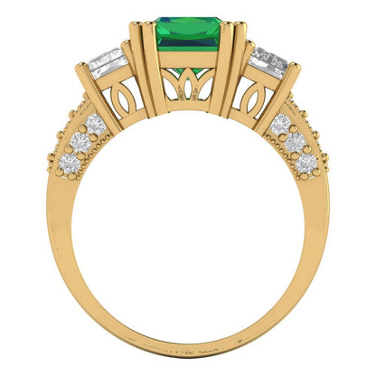 4.27 cttw Simulated Emerald Three-Stone Engagement Ring - Solid Gold (Emerald Cut,9x7mm)