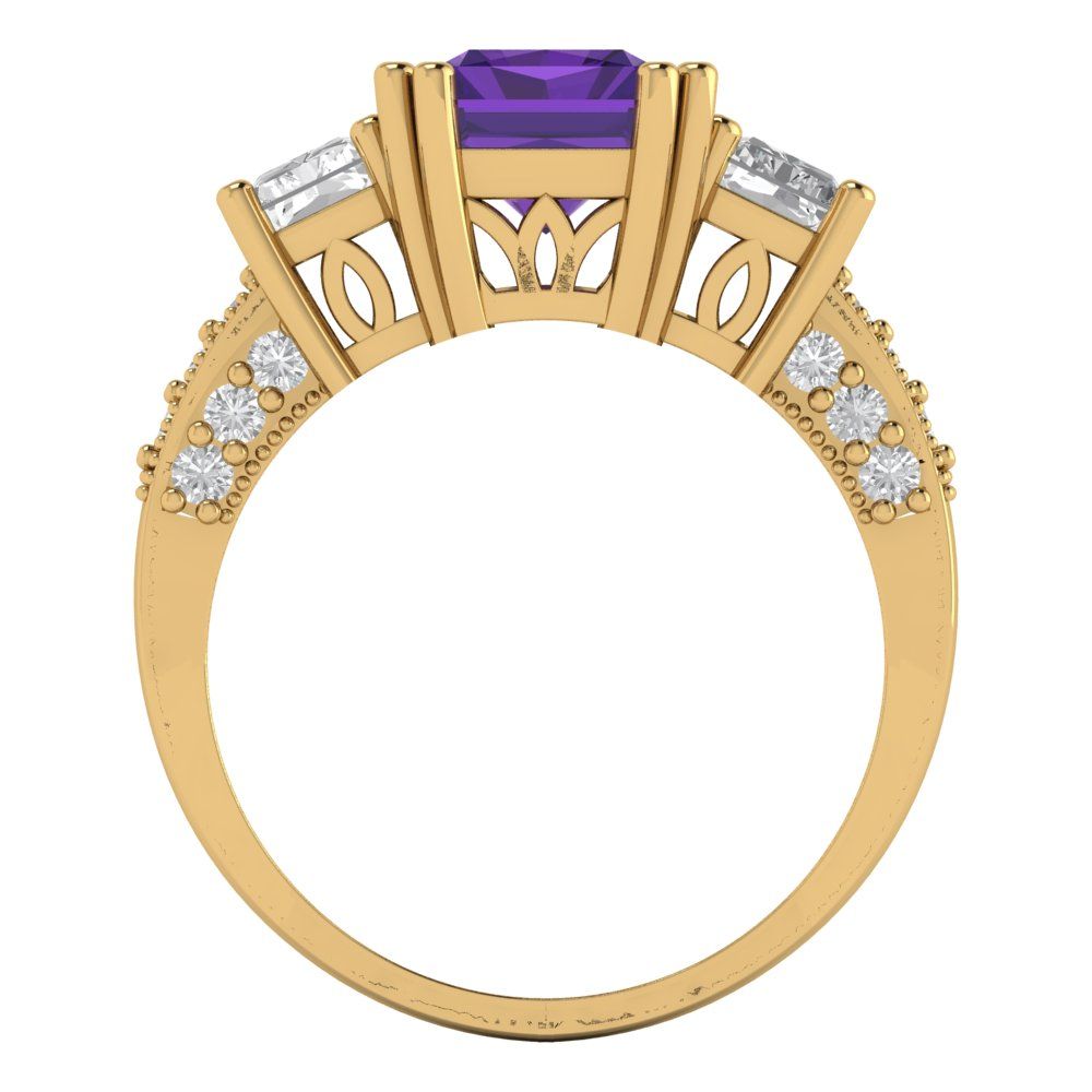 4.27 cttw Natural Amethyst Three-Stone Engagement Ring - Solid Gold (Emerald Cut,9x7mm)
