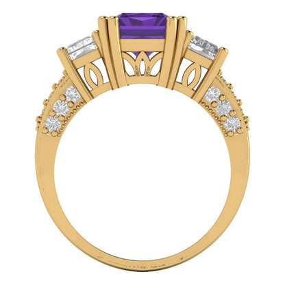 4.27 cttw Natural Amethyst Three-Stone Engagement Ring - Solid Gold (Emerald Cut,9x7mm)