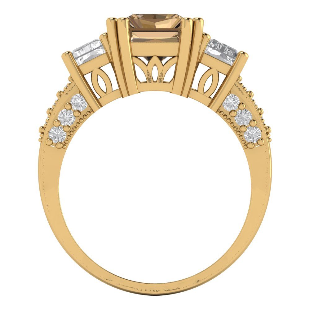 4.27 cttw Zirconia Simulated Champagne Diamond Three-Stone Engagement Ring - Solid Gold (VVS1, Emerald Cut,9x7mm)