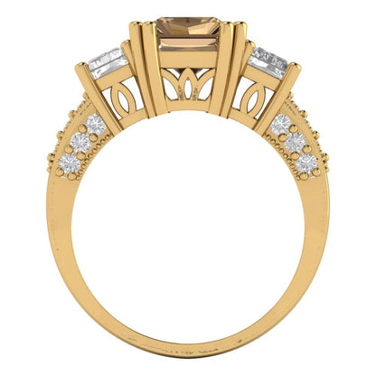 4.27 cttw Zirconia Simulated Champagne Diamond Three-Stone Engagement Ring - Solid Gold (VVS1, Emerald Cut,9x7mm)