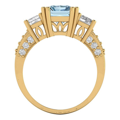 4.27 cttw Zirconia Simulated Blue Diamond Three-Stone Engagement Ring - Solid Gold (VVS1, Emerald Cut,9x7mm)