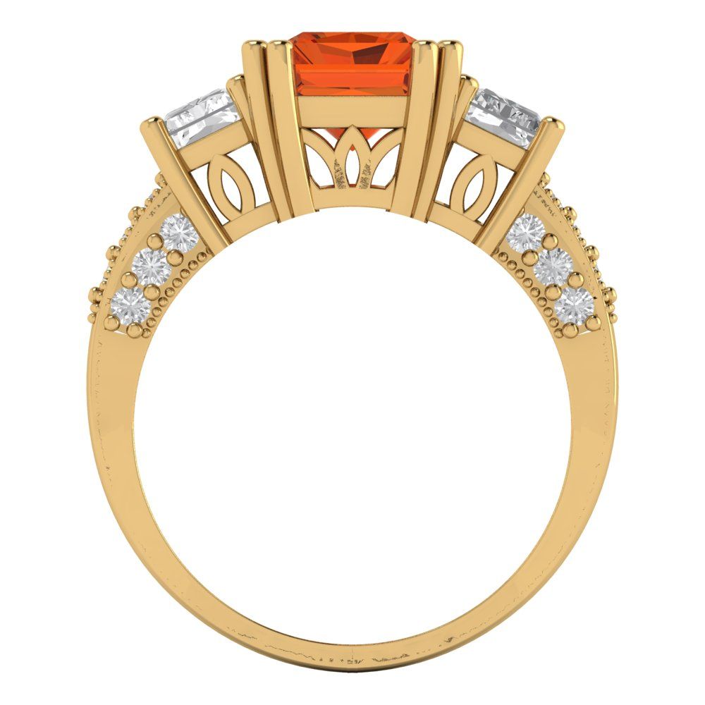 4.27 cttw Simulated Ruby Three-Stone Engagement Ring - Solid Yellow Gold (VVS1, Emerald Cut,9x7mm)