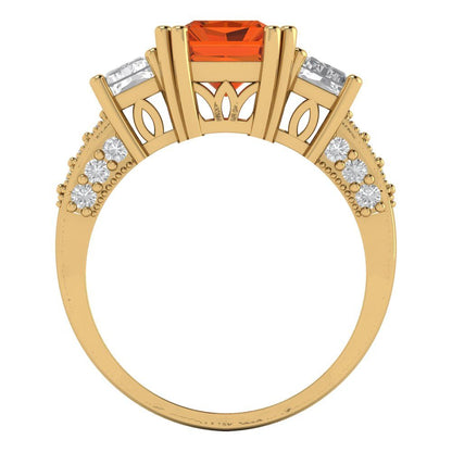 4.27 cttw Simulated Ruby Three-Stone Engagement Ring - Solid Yellow Gold (VVS1, Emerald Cut,9x7mm)