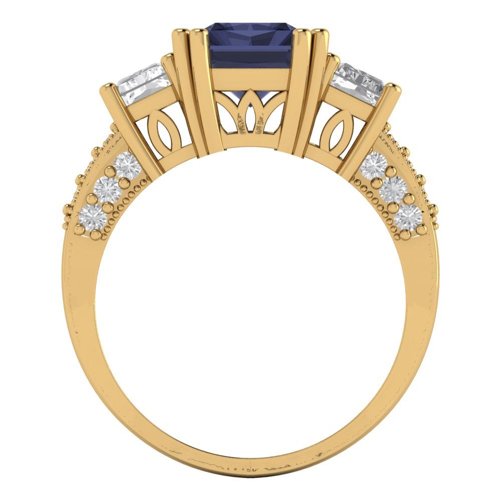 4.27 cttw Simulated Blue Sapphire Three-Stone Engagement Ring - Solid Gold (Emerald Cut,9x7mm)