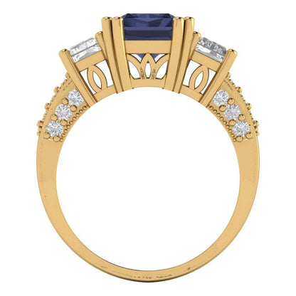 4.27 cttw Simulated Blue Sapphire Three-Stone Engagement Ring - Solid Gold (Emerald Cut,9x7mm)