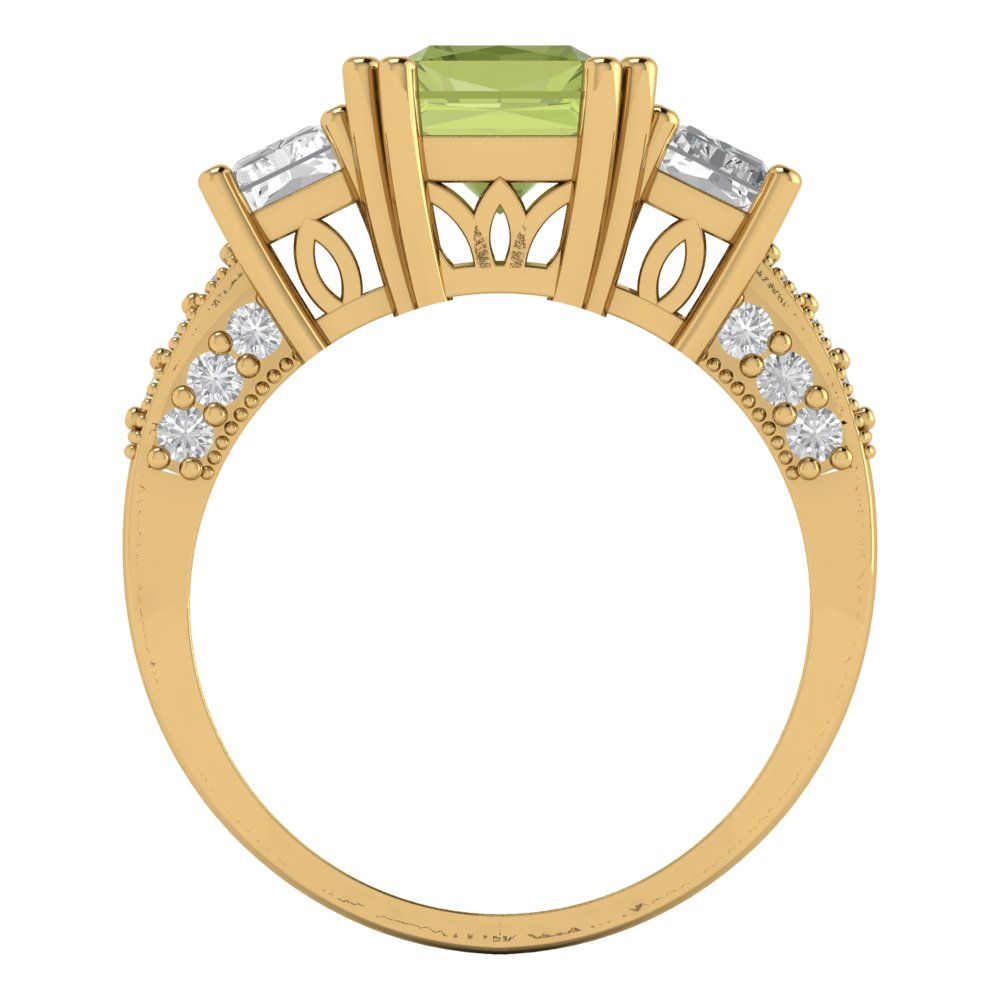 4.27 cttw Natural Peridot Three-Stone Engagement Ring - Solid Gold (Emerald Cut,9x7mm)