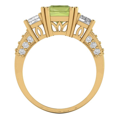 4.27 cttw Natural Peridot Three-Stone Engagement Ring - Solid Gold (Emerald Cut,9x7mm)