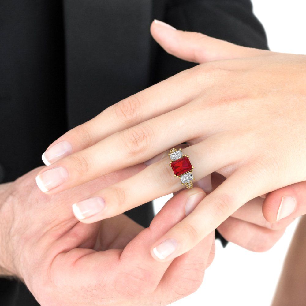 4.27 cttw Simulated Ruby Three-Stone Engagement Ring - Solid Yellow Gold (VVS1, Emerald Cut,9x7mm)