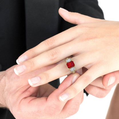 4.27 cttw Simulated Ruby Three-Stone Engagement Ring - Solid Yellow Gold (VVS1, Emerald Cut,9x7mm)