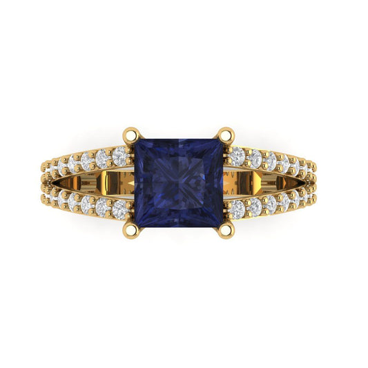 2.48 cttw Simulated Blue Sapphire Solitaire with Zirconia Simulated Diamond Accents Engagement Ring - Solid Yellow Gold (VVS1, Princess Cut,7.0mm)