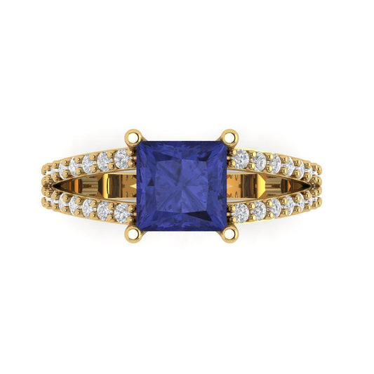 2.48 cttw Simulated Tanzanite Solitaire with Zirconia Simulated Diamond Accents Engagement Ring - Solid Yellow Gold (VVS1, Princess Cut,7.0mm)