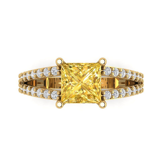 2.48 cttw Zirconia Simulated Yellow Diamond Solitaire with Zirconia Simulated Diamond Accents Engagement Ring - Solid Yellow Gold (VVS1, Princess Cut,7.0mm)