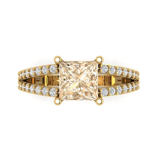 2.48 cttw Natural Morganite Solitaire with Zirconia Simulated Diamond Accents Engagement Ring - Solid Yellow Gold (VVS1, Princess Cut,7.0mm)