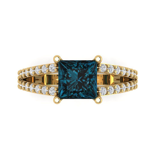 2.48 cttw Natural London Blue Topaz Solitaire with Zirconia Simulated Diamond Accents Engagement Ring - Solid Yellow Gold (VVS1, Princess Cut,7.0mm)