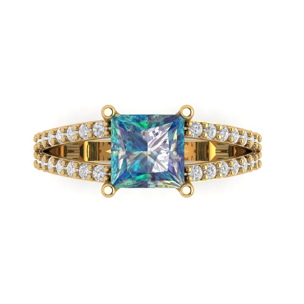 2.48 cttw Blue Moissanite Solitaire with Zirconia Simulated Diamond Accents Engagement Ring - Solid Gold (Princess Cut,7.0mm)