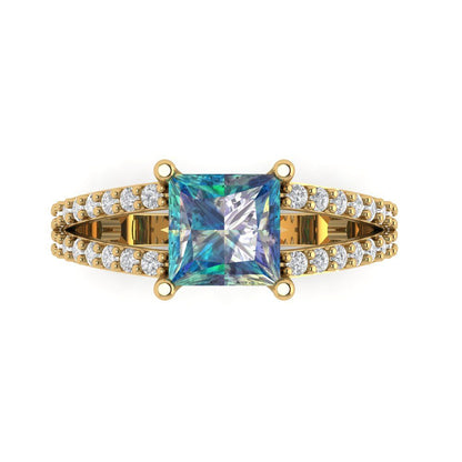 2.48 cttw Blue Moissanite Solitaire with Zirconia Simulated Diamond Accents Engagement Ring - Solid Gold (Princess Cut,7.0mm)