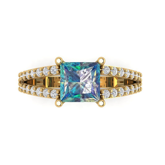 2.48 cttw Blue Moissanite Solitaire with Zirconia Simulated Diamond Accents Engagement Ring - Solid Yellow Gold (VVS1, Princess Cut,7.0mm)