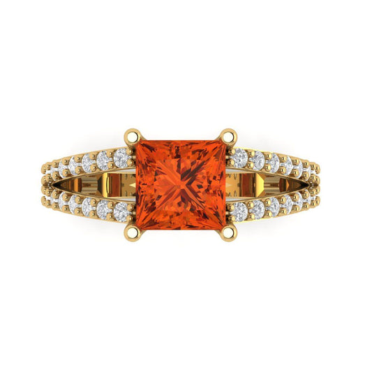 2.48 cttw Zirconia Simulated Red Diamond Solitaire with Zirconia Simulated Diamond Accents Engagement Ring - Solid Yellow Gold (VVS1, Princess Cut,7.0mm)