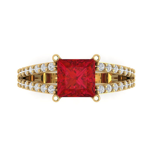 2.48 cttw Simulated Pink Tourmaline Solitaire with Zirconia Simulated Diamond Accents Engagement Ring - Solid Yellow Gold (VVS1, Princess Cut,7.0mm)