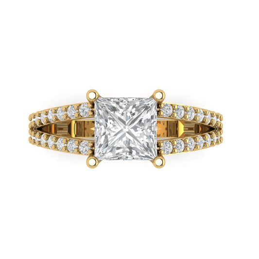 2.48 cttw Moissanite Solitaire with Zirconia Simulated Diamond Accents Engagement Ring - Solid Yellow Gold (VVS1, Princess Cut,7.0mm)