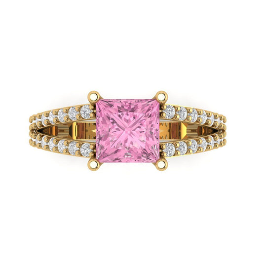 2.48 cttw Zirconia Simulated Pink Diamond Solitaire with Zirconia Simulated Diamond Accents Engagement Ring - Solid Yellow Gold (VVS1, Princess Cut,7.0mm)