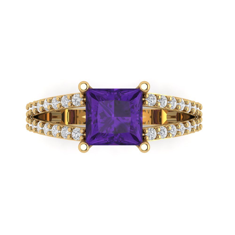 2.48 cttw Natural Amethyst Solitaire with Zirconia Simulated Diamond Accents Engagement Ring - Solid Gold (Princess Cut,7.0mm)