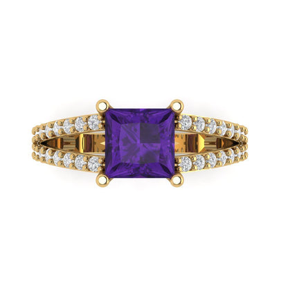 2.48 cttw Natural Amethyst Solitaire with Zirconia Simulated Diamond Accents Engagement Ring - Solid Gold (Princess Cut,7.0mm)