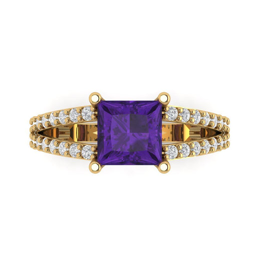 2.48 cttw Natural Amethyst Solitaire with Zirconia Simulated Diamond Accents Engagement Ring - Solid Yellow Gold (VVS1, Princess Cut,7.0mm)