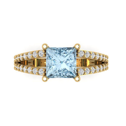 2.48 cttw Natural Aquamarine Solitaire with Zirconia Simulated Diamond Accents Engagement Ring - Solid Gold (Princess Cut,7.0mm)