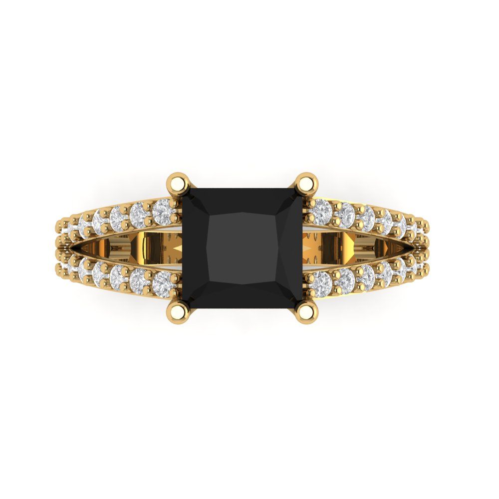 2.48 cttw Natural Onyx Solitaire with Zirconia Simulated Diamond Accents Engagement Ring - Solid Gold (Princess Cut,7.0mm)