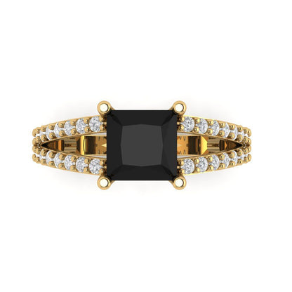 2.48 cttw Natural Onyx Solitaire with Zirconia Simulated Diamond Accents Engagement Ring - Solid Gold (Princess Cut,7.0mm)