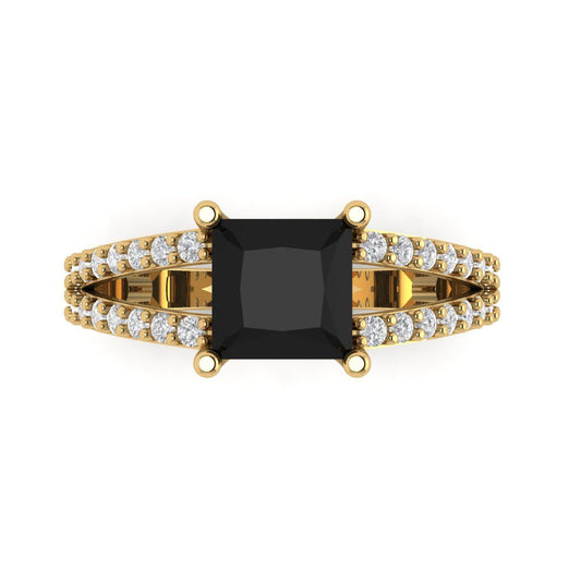 2.48 cttw Natural Onyx Solitaire with Zirconia Simulated Diamond Accents Engagement Ring - Solid Yellow Gold (VVS1, Princess Cut,7.0mm)