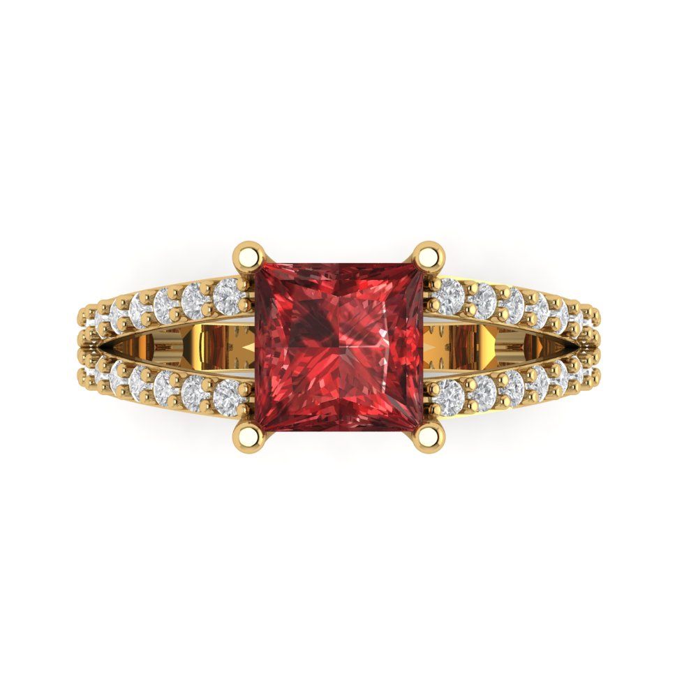 2.48 cttw Natural Garnet Solitaire with Zirconia Simulated Diamond Accents Engagement Ring - Solid Gold (Princess Cut,7.0mm)