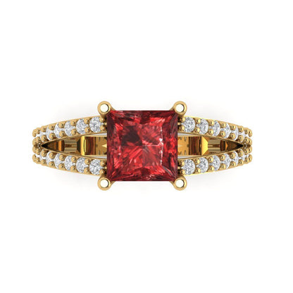 2.48 cttw Natural Garnet Solitaire with Zirconia Simulated Diamond Accents Engagement Ring - Solid Gold (Princess Cut,7.0mm)