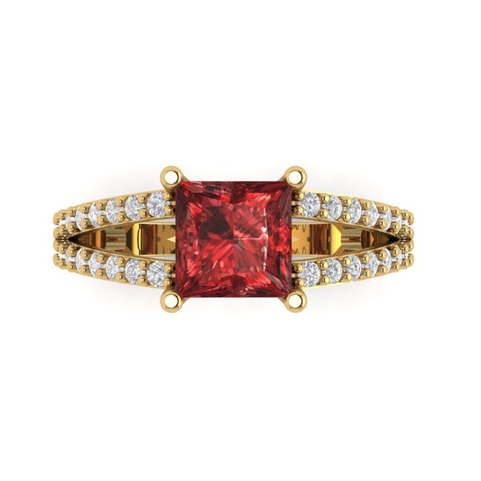 2.48 cttw Natural Garnet Solitaire with Zirconia Simulated Diamond Accents Engagement Ring - Solid Yellow Gold (VVS1, Princess Cut,7.0mm)