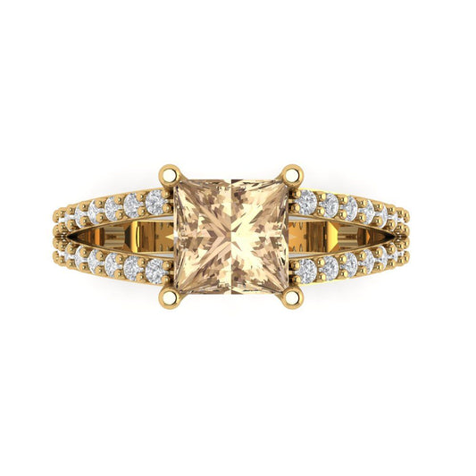 2.48 cttw Yellow Moissanite Solitaire with Zirconia Simulated Diamond Accents Engagement Ring - Solid Yellow Gold (VVS1, Princess Cut,7.0mm)
