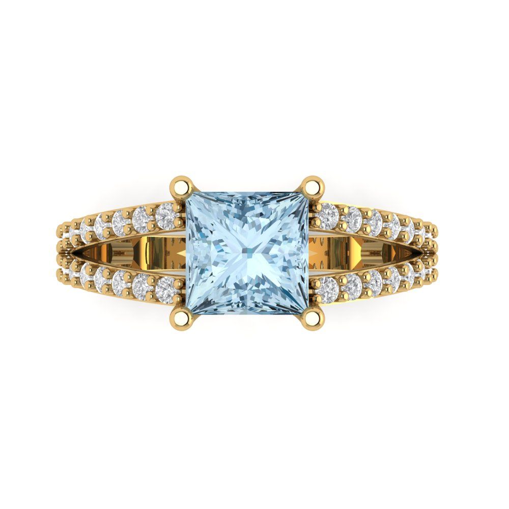 2.48 cttw Natural Sky Blue Topaz Solitaire with Zirconia Simulated Diamond Accents Engagement Ring - Solid Gold (Princess Cut,7.0mm)