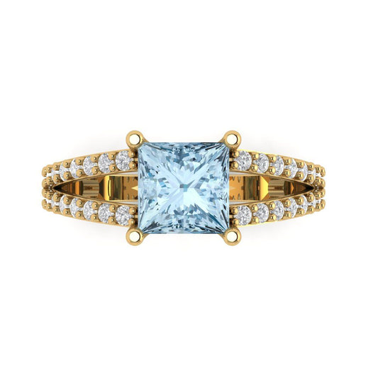 2.48 cttw Natural Sky Blue Topaz Solitaire with Zirconia Simulated Diamond Accents Engagement Ring - Solid Yellow Gold (VVS1, Princess Cut,7.0mm)