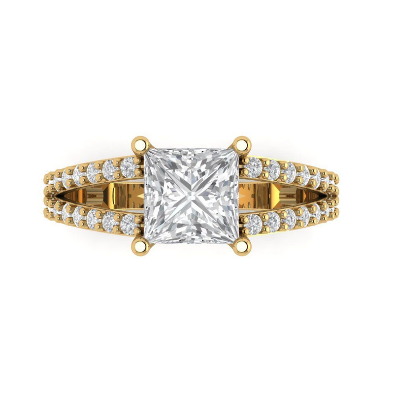 2.48 ct Brilliant Princess Cut Clear Simulated Diamond Stone Yellow Gold Solitaire with Accents Ring