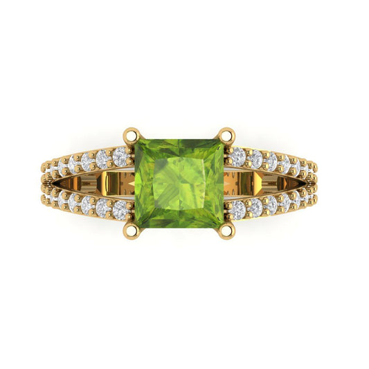 2.48 cttw Natural Peridot Solitaire with Zirconia Simulated Diamond Accents Engagement Ring - Solid Yellow Gold (VVS1, Princess Cut,7.0mm)