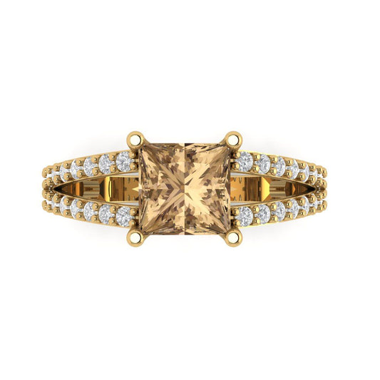 2.48 cttw Zirconia Simulated Champagne Diamond Solitaire with Zirconia Simulated Diamond Accents Engagement Ring - Solid Yellow Gold (VVS1, Princess Cut,7.0mm)