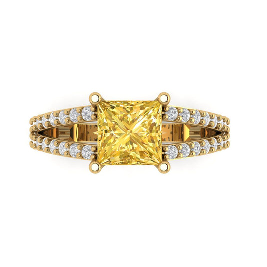 2.48 cttw Natural Citrine Solitaire with Zirconia Simulated Diamond Accents Engagement Ring - Solid Yellow Gold (VVS1, Princess Cut,7.0mm)