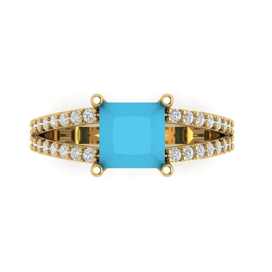 2.48 cttw Simulated Turquoise Solitaire with Zirconia Simulated Diamond Accents Engagement Ring - Solid Yellow Gold (VVS1, Princess Cut,7.0mm)